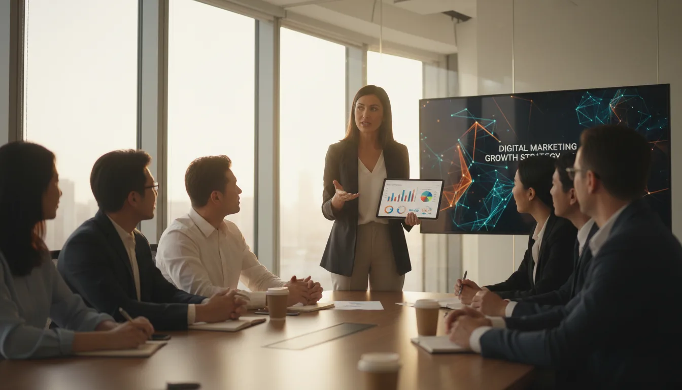 Profissional apresentando dados financeiros em reunião de agência de marketing | Imagine Company - Agência de Marketing e Vendas em Goiânia - GO - BRASIL