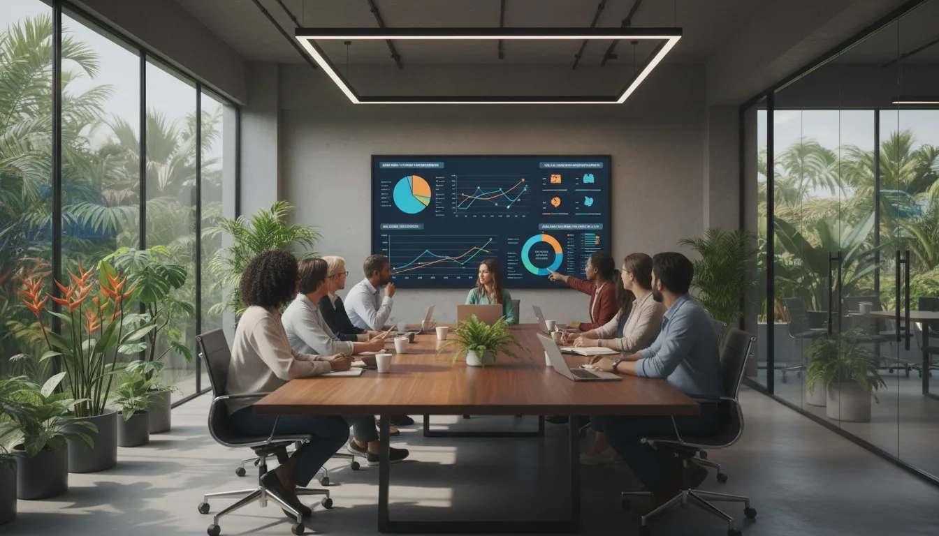 Pessoas em reunião analisando gráficos de marketing digital em sala moderna | Imagine Company - Agência de Marketing e Vendas em Goiânia - GO - BRASIL