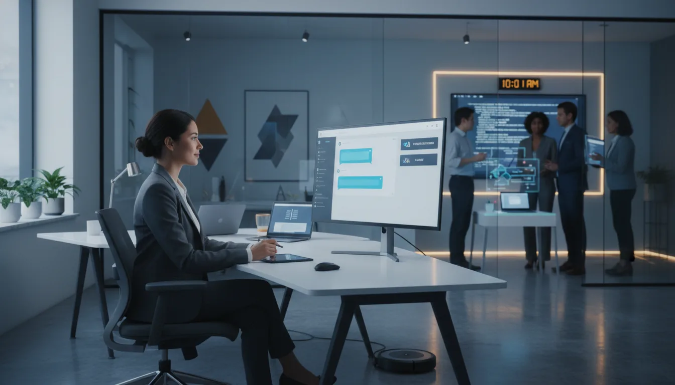 Pessoa em escritório moderno analisando dados em tela, equipe ao fundo | Imagine Company - Agência de Marketing e Vendas em Goiânia - GO - BRASIL