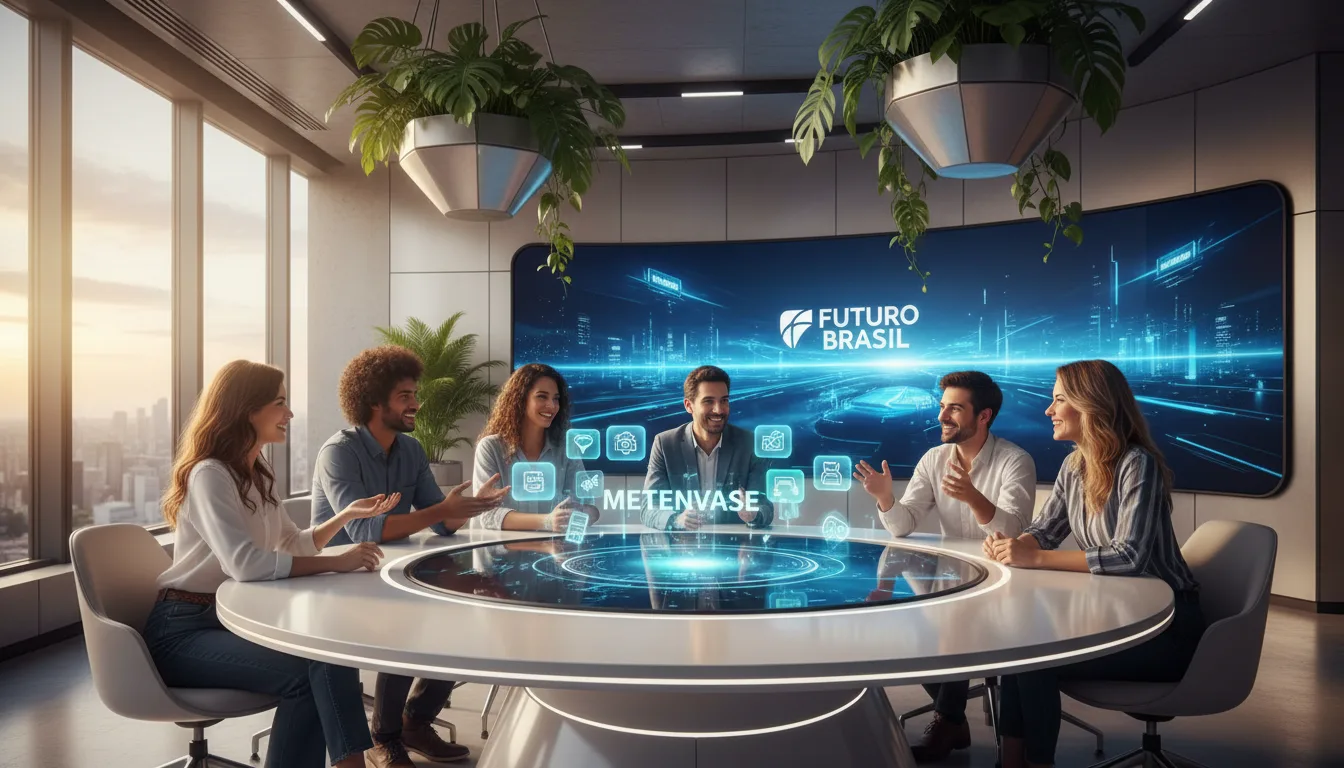 Pessoas em reunião discutindo o metaverso em sala moderna | Imagine Company - Agência de Marketing e Vendas em Goiânia - GO - BRASIL