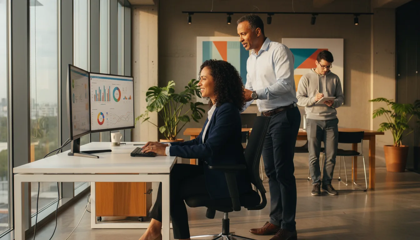 Equipe discutindo estratégias de tráfego pago em frente a monitores com gráficos | Imagine Company - Agência de Marketing e Vendas em Goiânia - GO - BRASIL