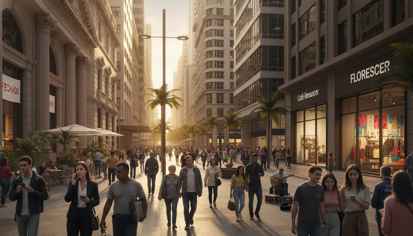 Pessoas caminhando em rua comercial ao pôr do sol, simbolizando mudanças urbanas | Imagine Company - Agência de Marketing e Vendas em Goiânia - GO - BRASIL