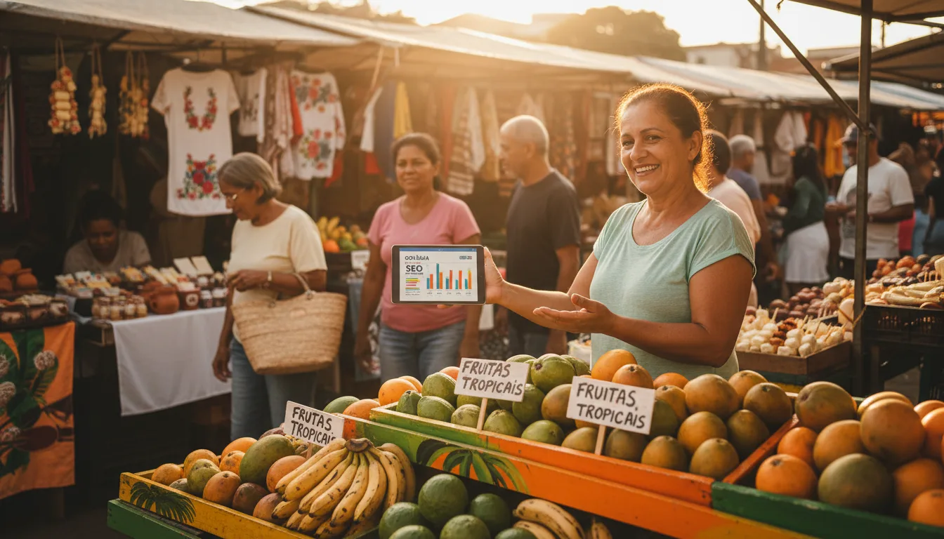Mulher em mercado de frutas tropicais segurando tablet com gráfico de SEO | Imagine Company - Agência de Marketing e Vendas em Goiânia - GO - BRASIL