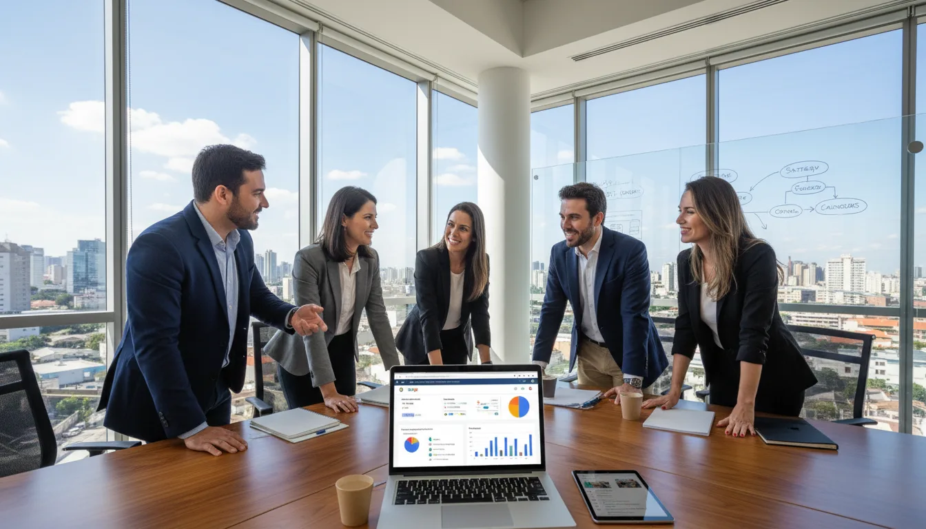 Cinco profissionais em reunião analisando dados de Google Business em um escritório com vista para a cidade | Imagine Company - Agência de Marketing e Vendas em Goiânia - GO - BRASIL