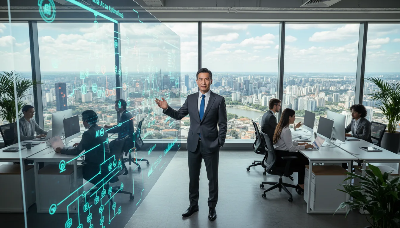 CEO em escritório moderno com equipe e painel digital | Imagine Company - Agência de Marketing e Vendas em Goiânia - GO - BRASIL