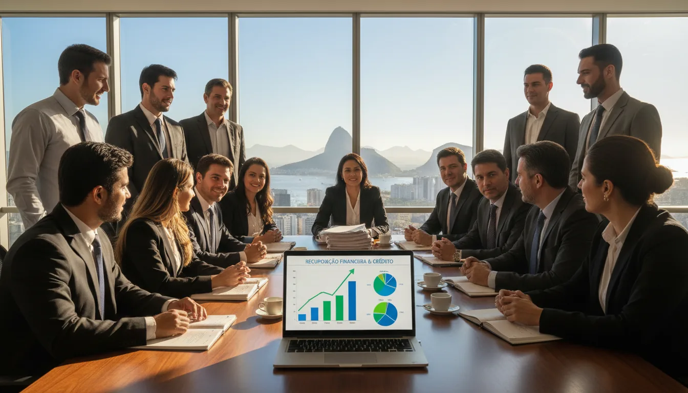 Grupo de executivos em reunião com gráfico de recuperação financeira no laptop | Imagine Company - Agência de Marketing e Vendas em Goiânia - GO - BRASIL