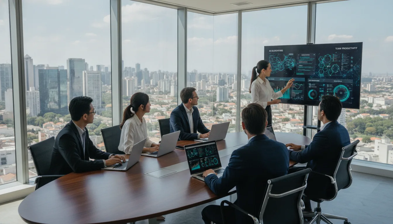 Executivos em sala de reunião com telas de IA e laptops | Imagine Company - Agência de Marketing e Vendas em Goiânia - GO - BRASIL