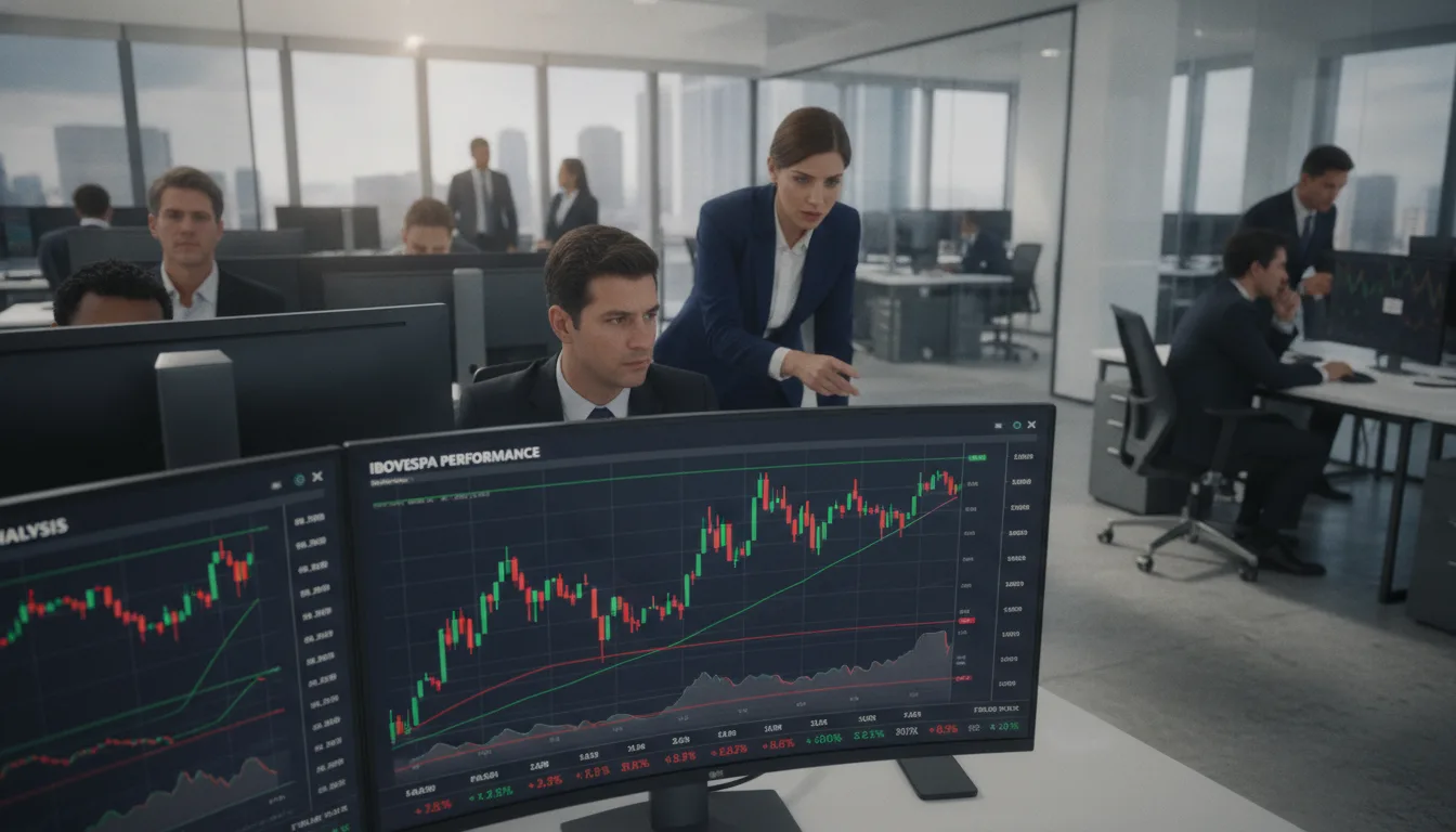 Analistas observam gráficos de desempenho do Ibovespa em escritório moderno | Imagine Company - Agência de Marketing e Vendas em Goiânia - GO - BRASIL