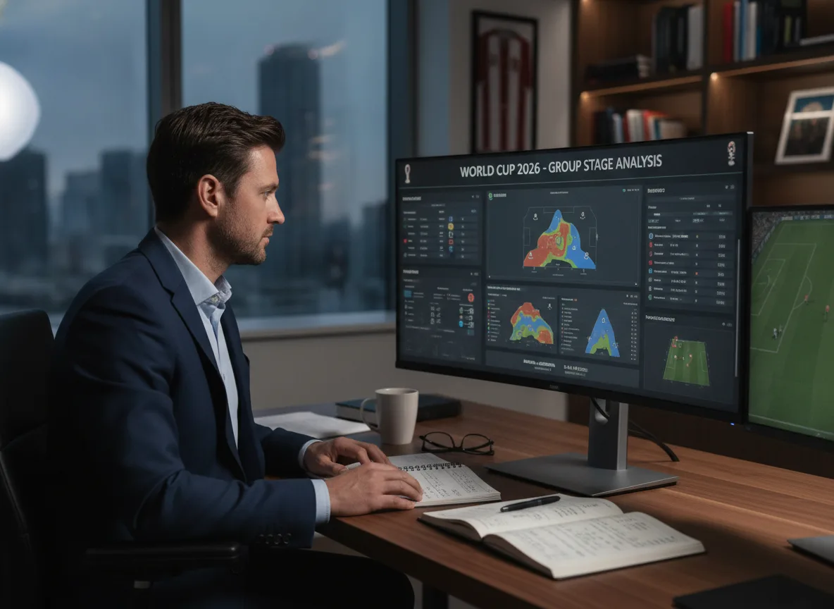 Homem em escritório analisando estatísticas da Copa do Mundo 2026 em um monitor | Imagine Company - Agência de Marketing e Vendas em Goiânia - GO - BRASIL