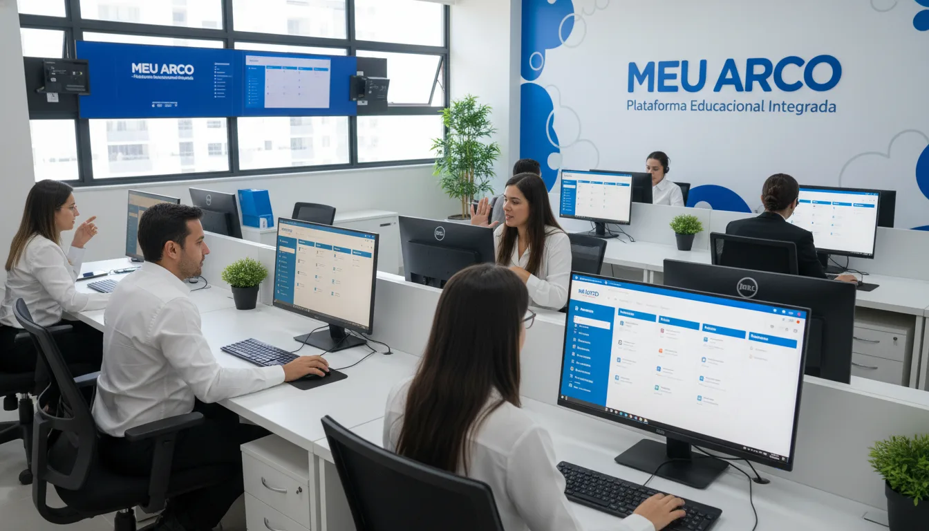 Funcionários em escritório usando computadores com a plataforma Meu Arco | Imagine Company - Agência de Marketing e Vendas em Goiânia - GO - BRASIL