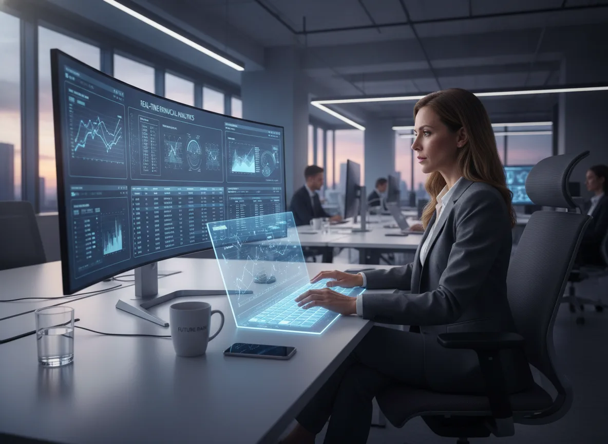 Mulher em escritório analisando gráficos financeiros em tela digital | Imagine Company - Agência de Marketing e Vendas em Goiânia - GO - BRASIL