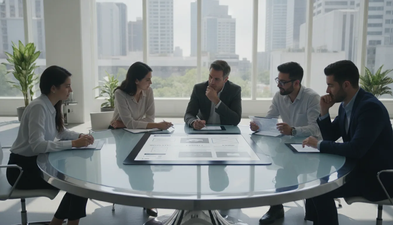 Cinco profissionais discutem estratégias de landing pages em uma sala de reunião moderna. | Imagine Company - Agência de Marketing e Vendas em Goiânia - GO - BRASIL