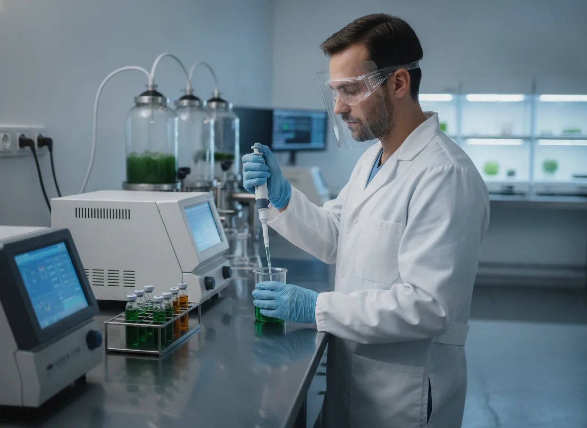 Cientista em laboratório com equipamentos desenvolvendo combustível sustentável | Imagine Company - Agência de Marketing e Vendas em Goiânia - GO - BRASIL