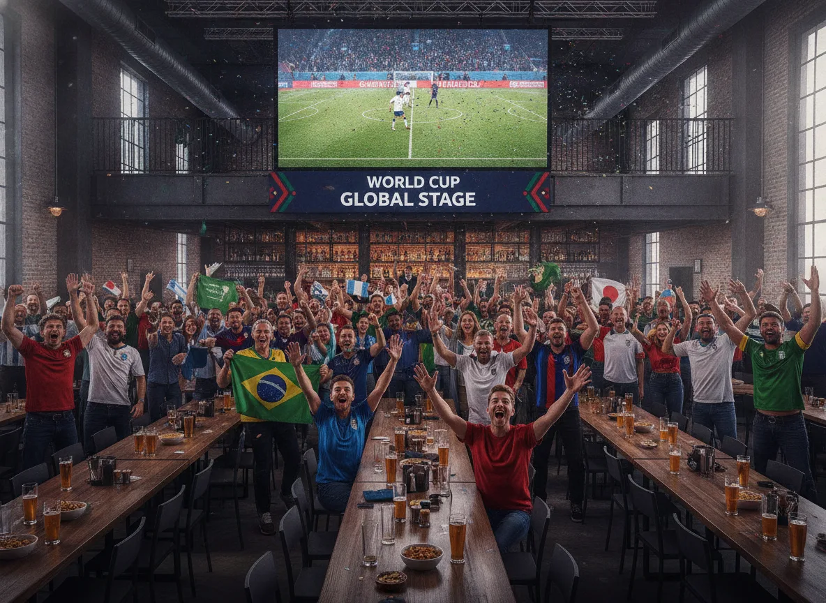 Torcedores vibrando com bandeira do Brasil em bar durante jogo da Copa | Imagine Company - Agência de Marketing e Vendas em Goiânia - GO - BRASIL