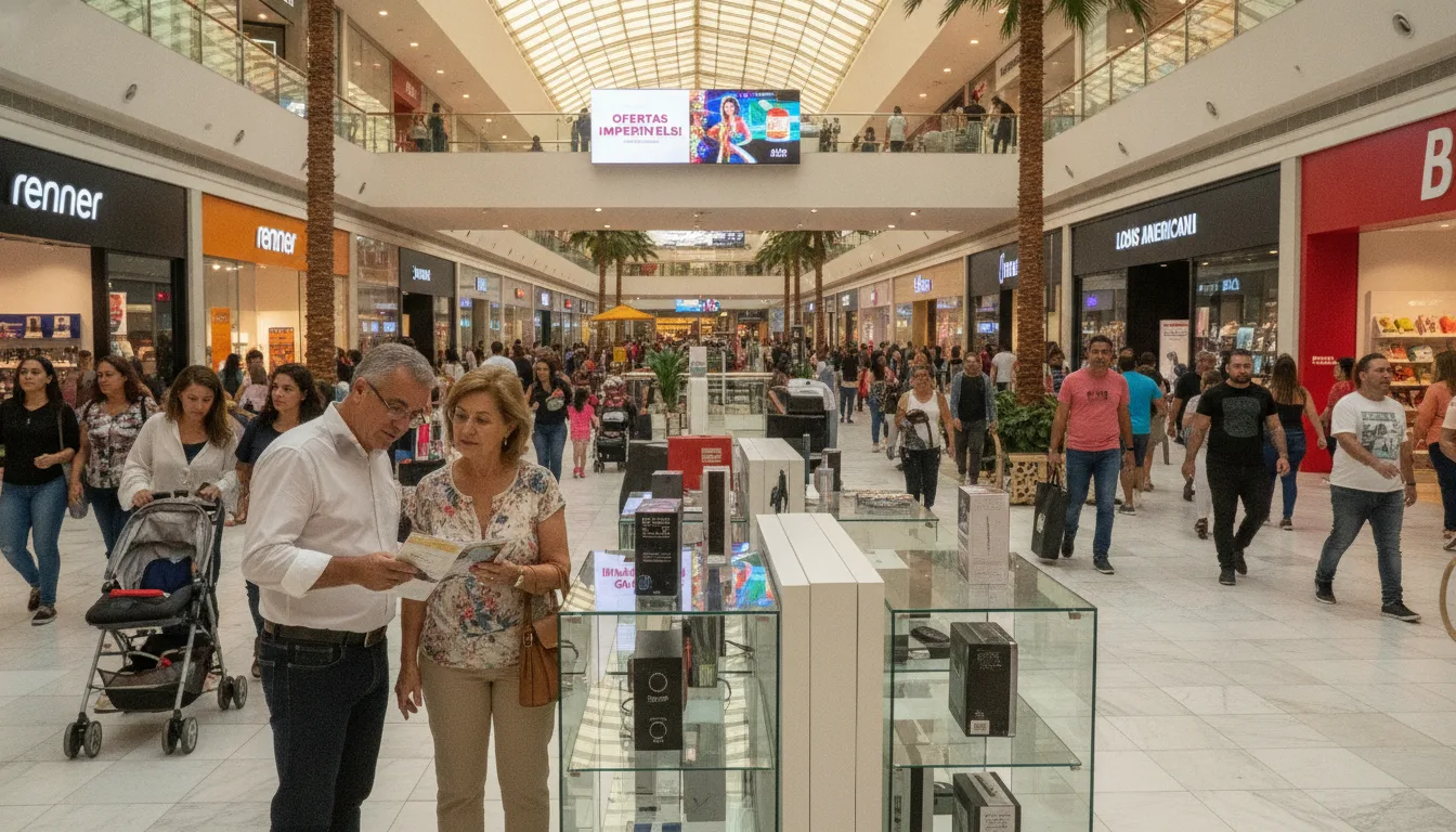 Casal de meia-idade em shopping movimentado analisando estratégias empresariais | Imagine Company - Agência de Marketing e Vendas em Goiânia - GO - BRASIL