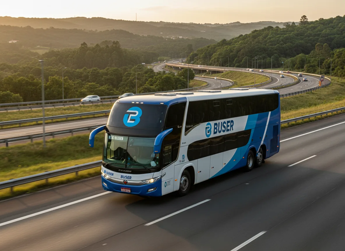 Ônibus da Buser em movimento em rodovia ao entardecer. | Imagine Company - Agência de Marketing e Vendas em Goiânia - GO - BRASIL