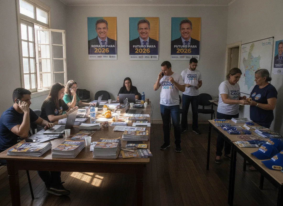 Sala de campanha com equipe trabalhando em materiais de Caiado para 2026. | Imagine Company - Agência de Marketing e Vendas em Goiânia - GO - BRASIL