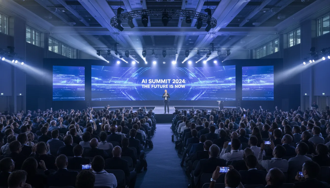 Palestrante no palco do AI Summit 2024 com plateia atenta | Imagine Company - Agência de Marketing e Vendas em Goiânia - GO - BRASIL