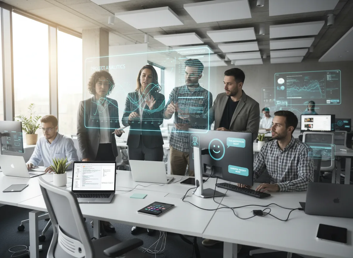 Grupo de executivos em reunião discutindo dados em telas digitais | Imagine Company - Agência de Marketing e Vendas em Goiânia - GO - BRASIL