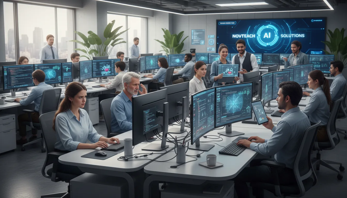 Profissionais em escritório de tecnologia discutindo IA e demissões | Imagine Company - Agência de Marketing e Vendas em Goiânia - GO - BRASIL