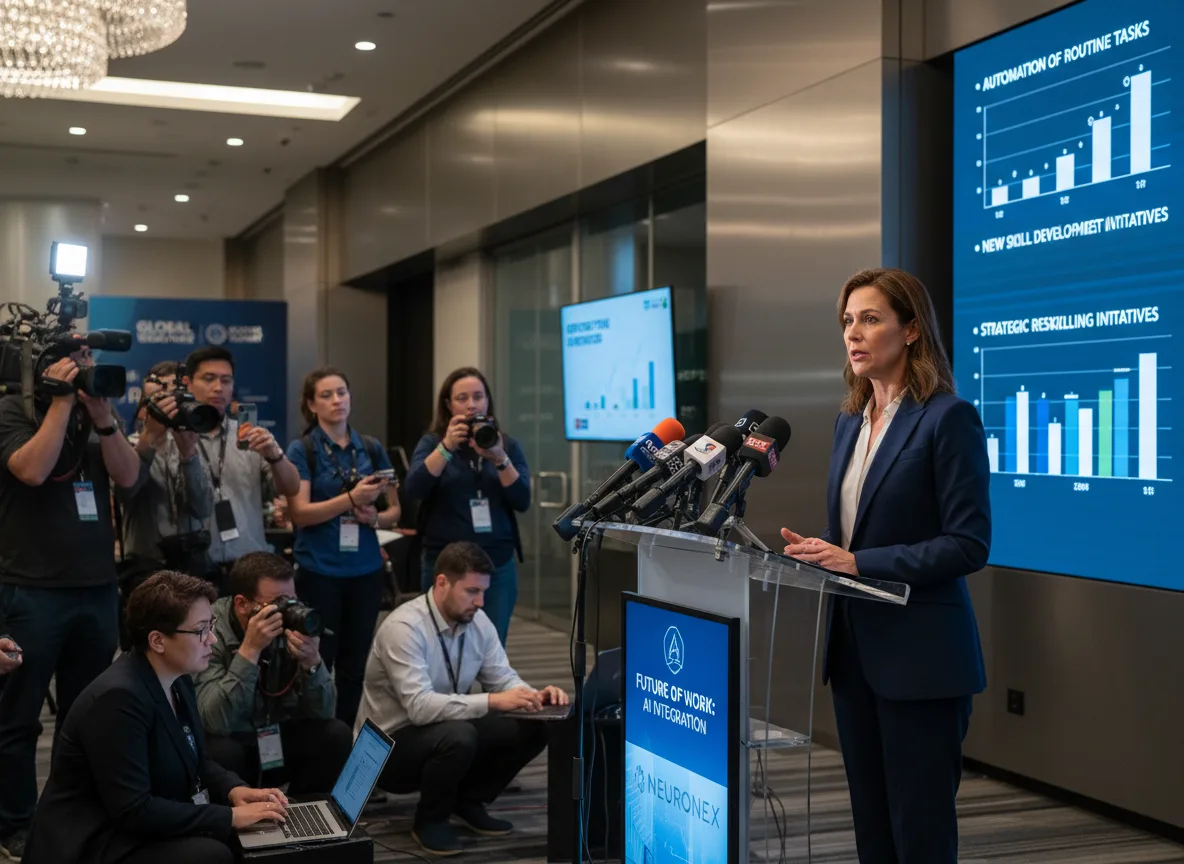 Executiva apresenta gráficos sobre IA e demissões em coletiva de imprensa | Imagine Company - Agência de Marketing e Vendas em Goiânia - GO - BRASIL