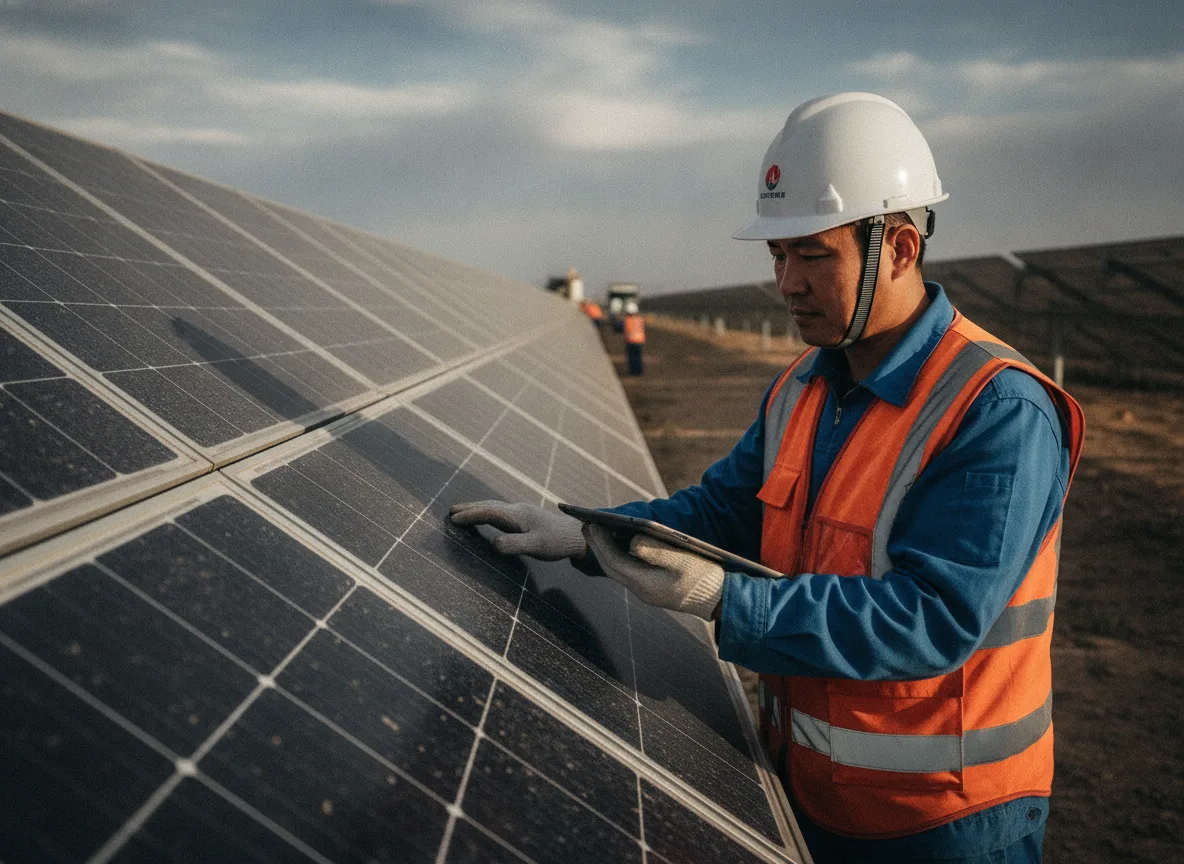Homem de colete e capacete inspeciona painel solar na China | Imagine Company - Agência de Marketing e Vendas em Goiânia - GO - BRASIL