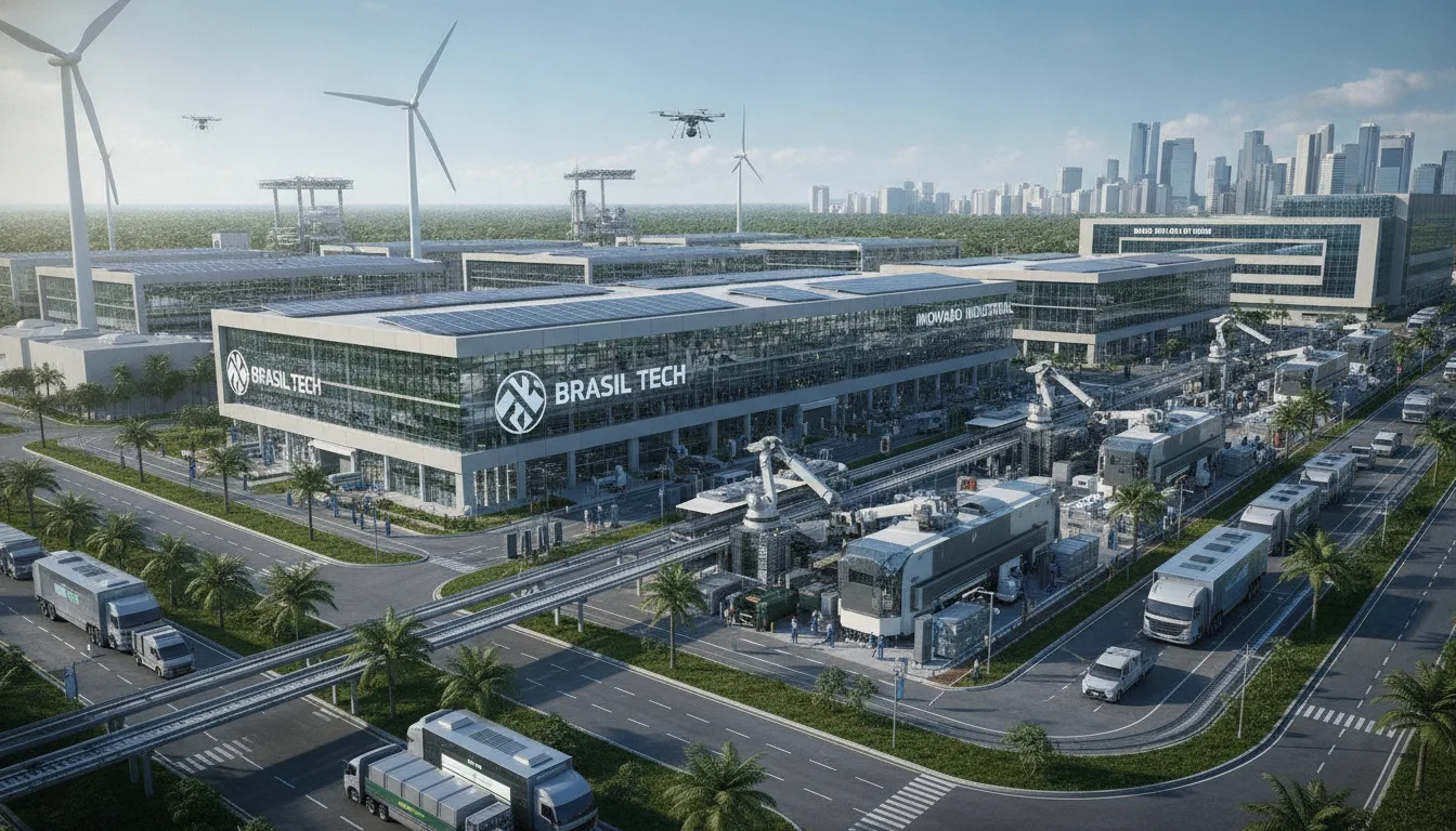Vista aérea de complexo industrial com turbinas eólicas e caminhões | Imagine Company - Agência de Marketing e Vendas em Goiânia - GO - BRASIL
