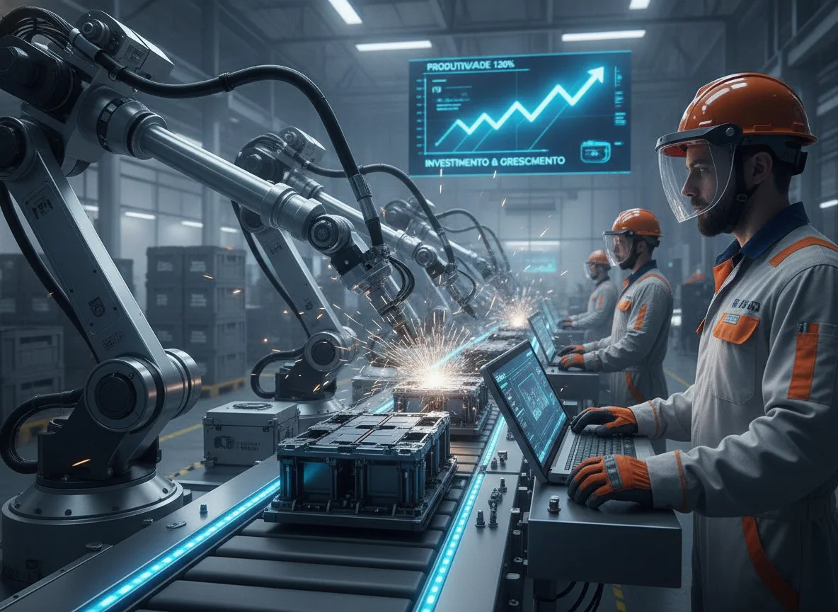 Engenheiros operam robôs em fábrica moderna, gráfico de crescimento ao fundo | Imagine Company - Agência de Marketing e Vendas em Goiânia - GO - BRASIL