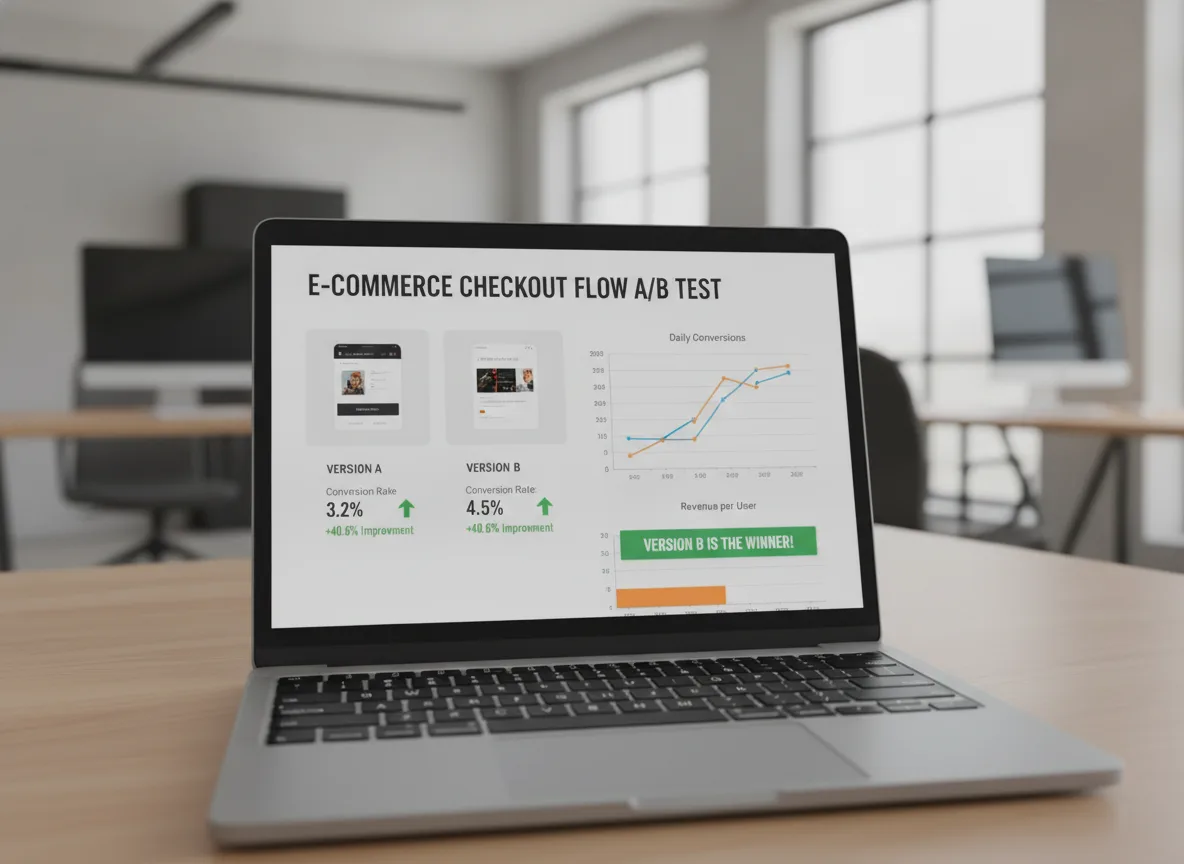 Tela de laptop mostrando teste A/B de checkout em e-commerce com gráficos | Imagine Company - Agência de Marketing e Vendas em Goiânia - GO - BRASIL