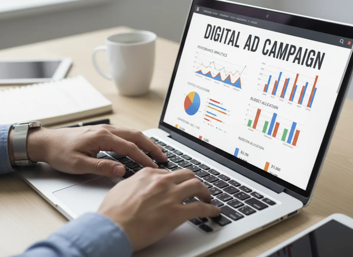 Pessoa usando laptop com gráficos de campanha digital, tráfego pago | Imagine Company - Agência de Marketing e Vendas em Goiânia - GO - BRASIL