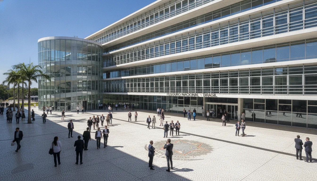 Fachada moderna do Tesouro Nacional com pessoas na entrada | Imagine Company - Agência de Marketing e Vendas em Goiânia - GO - BRASIL