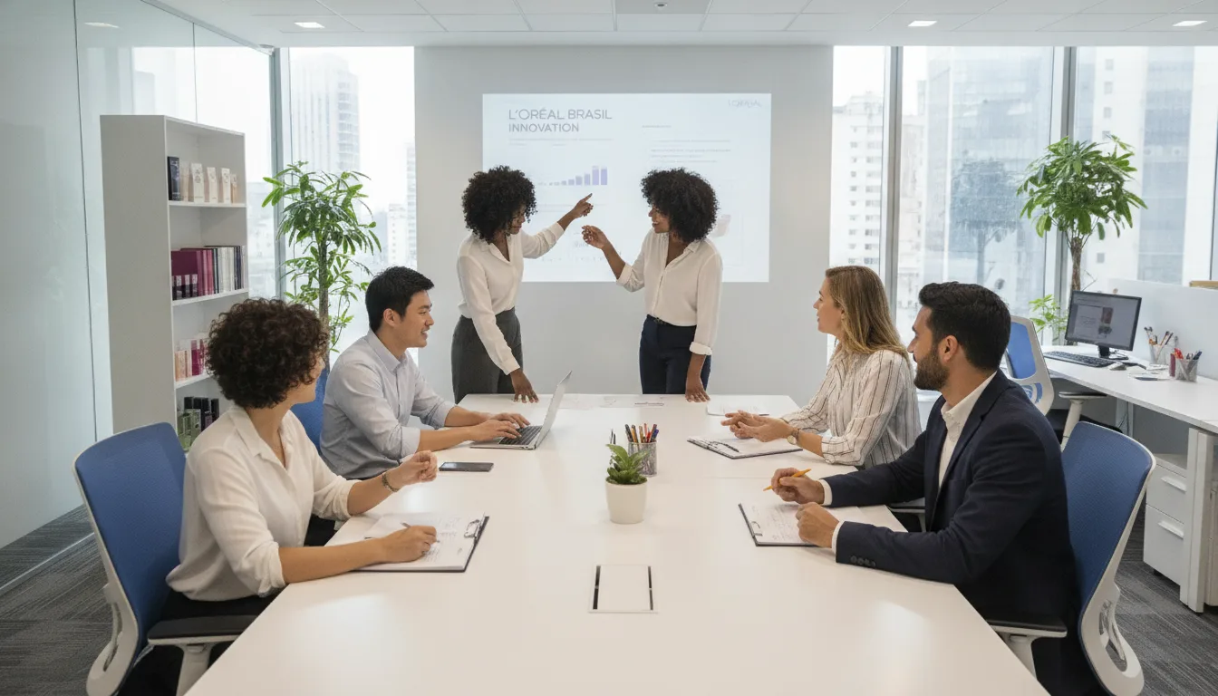 Reunião de equipe diversa na L'Oréal Brasil com apresentação de gráficos | Imagine Company - Agência de Marketing e Vendas em Goiânia - GO - BRASIL