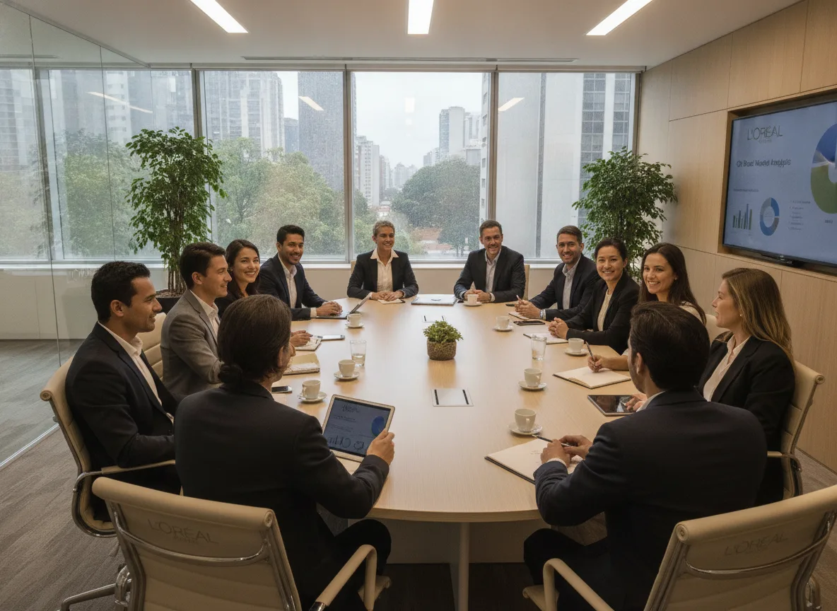 Equipe diversa em reunião no Grupo L'Oréal Brasil, 2026, em sala de conferência | Imagine Company - Agência de Marketing e Vendas em Goiânia - GO - BRASIL