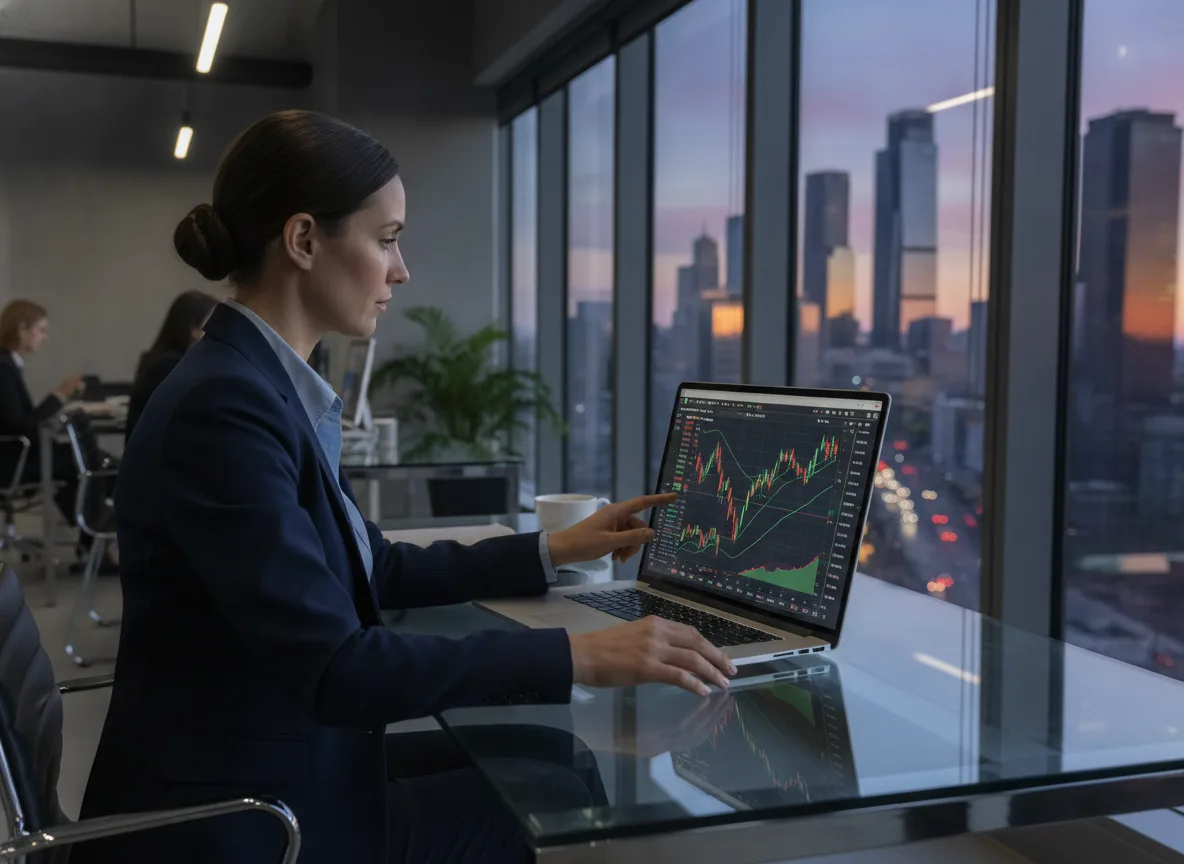 Mulher em escritório analisando gráficos de ações no laptop | Imagine Company - Agência de Marketing e Vendas em Goiânia - GO - BRASIL