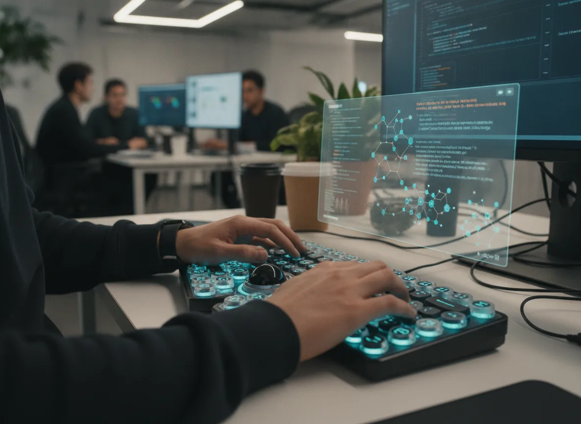 Pessoa operando teclado avançado em escritório com tela de IA | Imagine Company - Agência de Marketing e Vendas em Goiânia - GO - BRASIL