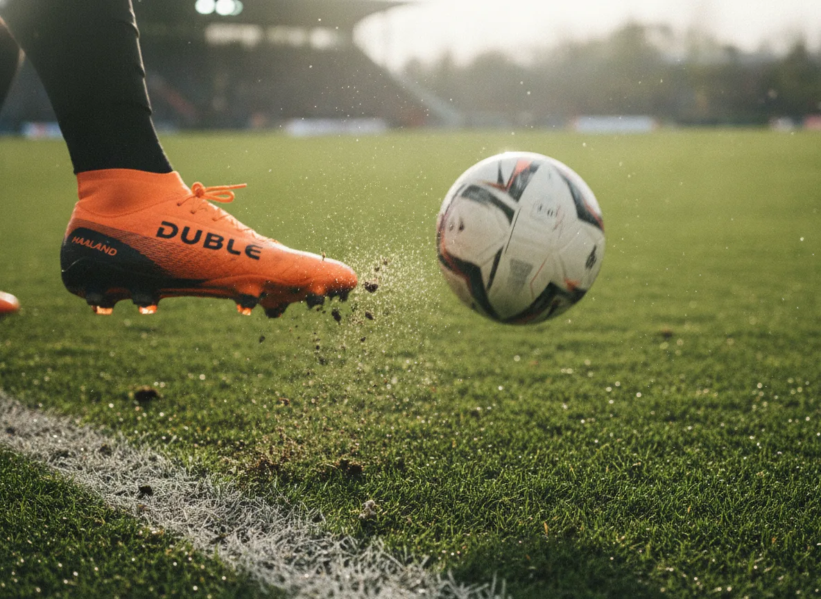 Close de chuteira laranja de dublê de Haaland chutando bola em campo | Imagine Company - Agência de Marketing e Vendas em Goiânia - GO - BRASIL