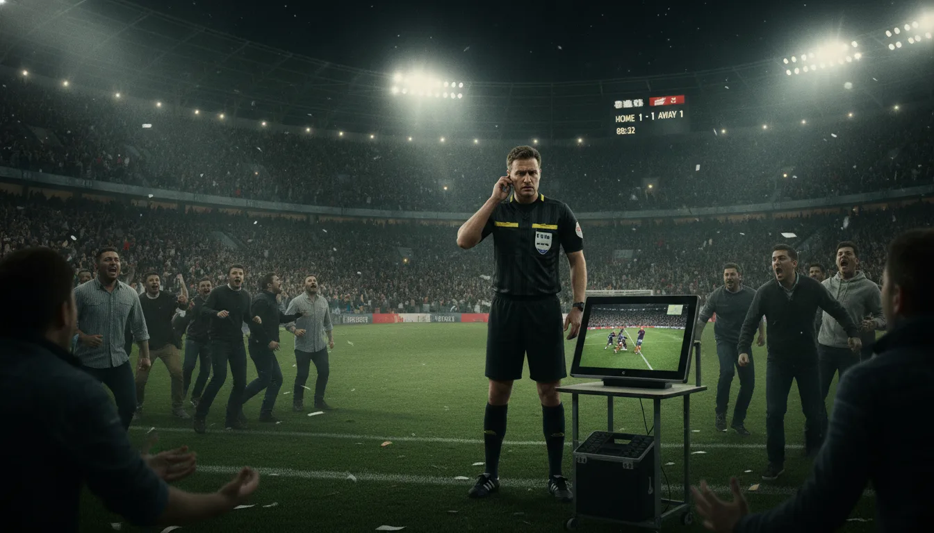 Árbitro em campo com VAR e jogadores reclamando na Copa 2026 | Imagine Company - Agência de Marketing e Vendas em Goiânia - GO - BRASIL