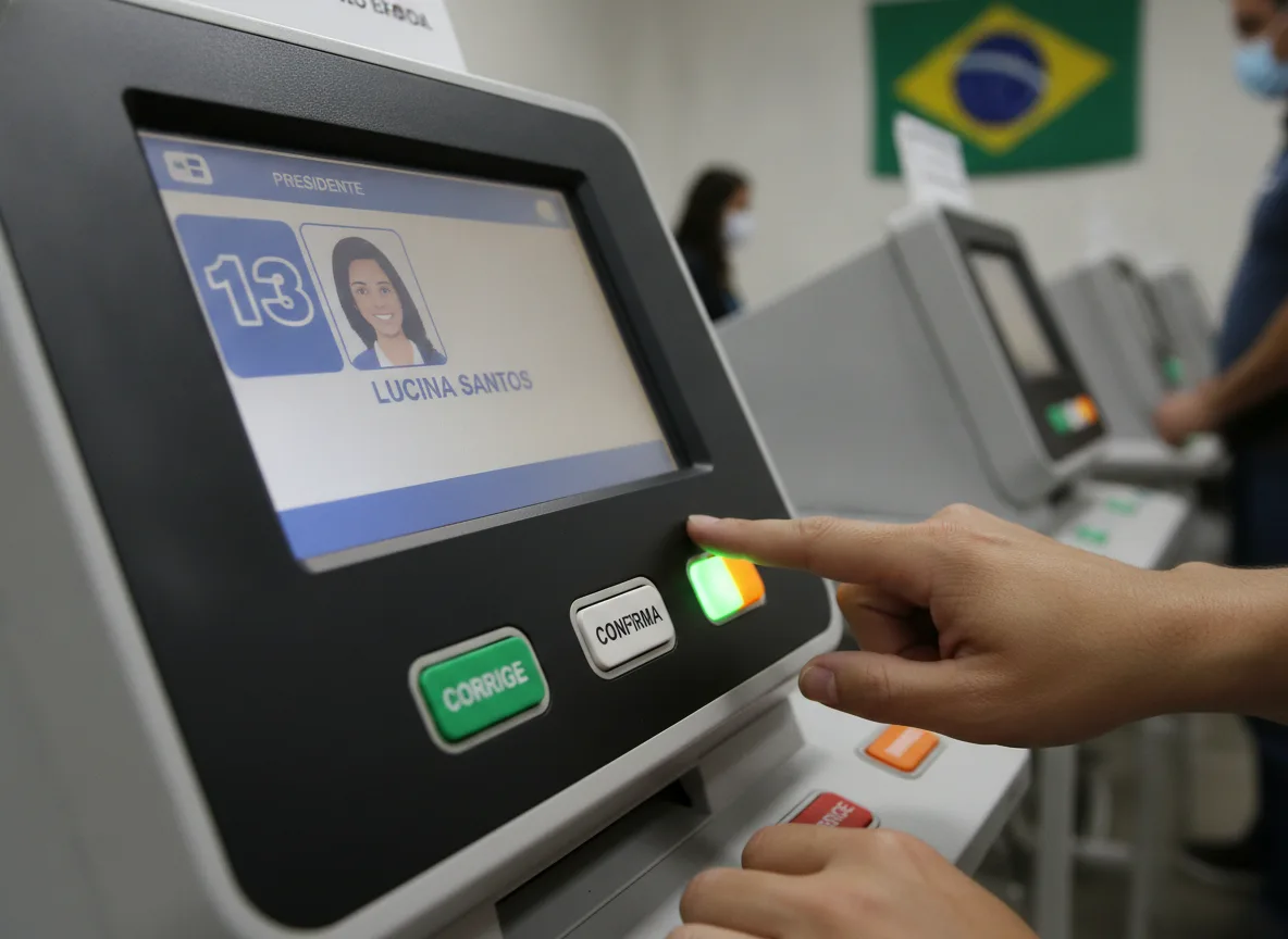 Mão confirmando voto em urna eletrônica com bandeira do Brasil ao fundo | Imagine Company - Agência de Marketing e Vendas em Goiânia - GO - BRASIL