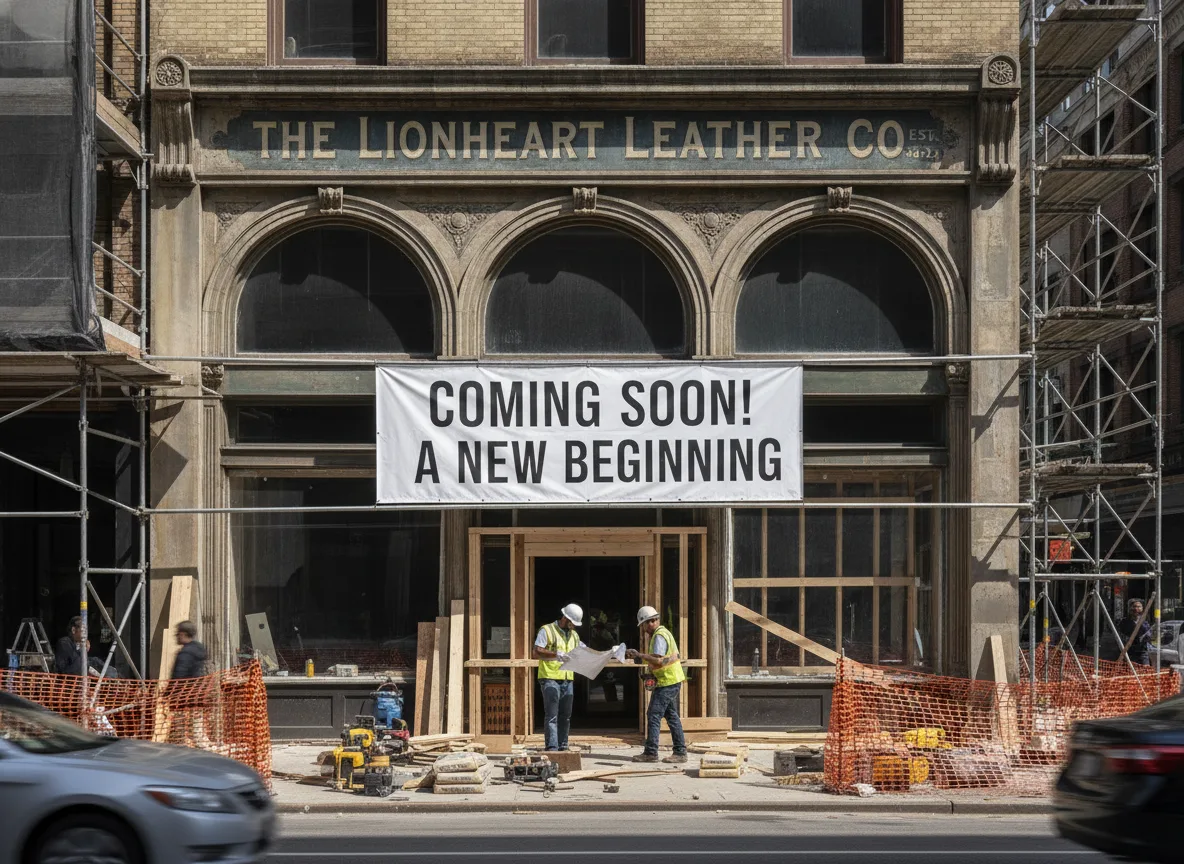Fachada de loja em reforma com placa 'Coming Soon' e dois trabalhadores | Imagine Company - Agência de Marketing e Vendas em Goiânia - GO - BRASIL
