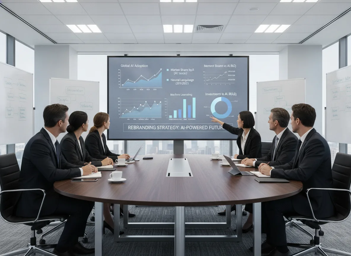 Executivos em reunião analisando gráficos de rebranding e IA | Imagine Company - Agência de Marketing e Vendas em Goiânia - GO - BRASIL