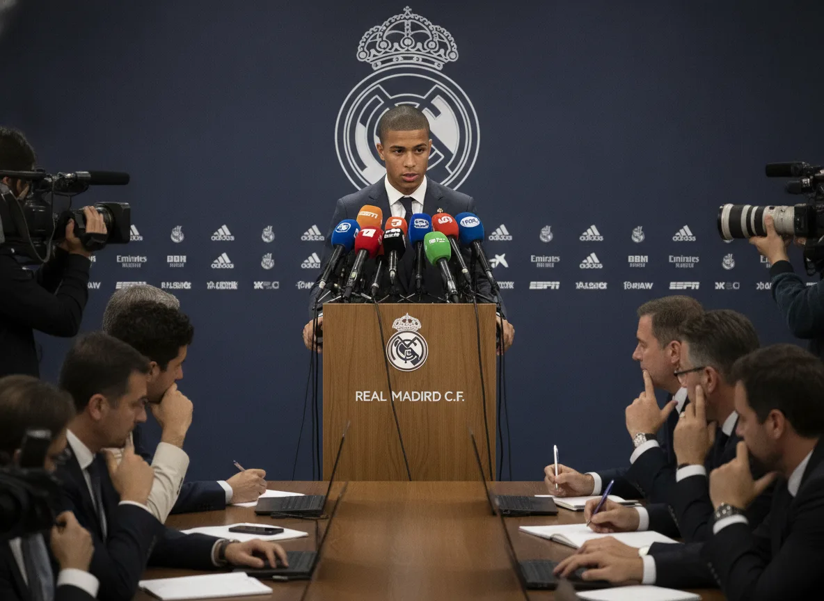 Endrick em coletiva de imprensa no Real Madrid com microfones e jornalistas | Imagine Company - Agência de Marketing e Vendas em Goiânia - GO - BRASIL