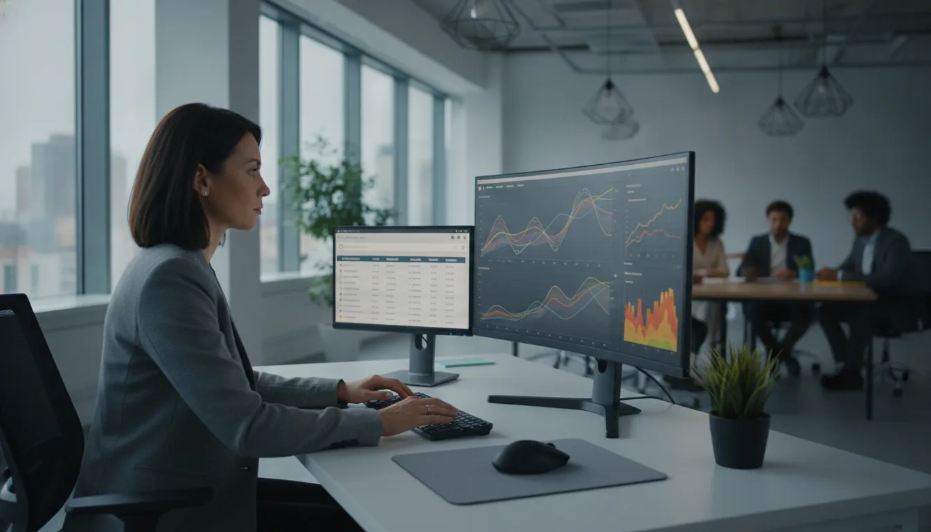 Mulher em escritório analisando gráficos de SEO em dois monitores. | Imagine Company - Agência de Marketing e Vendas em Goiânia - GO - BRASIL