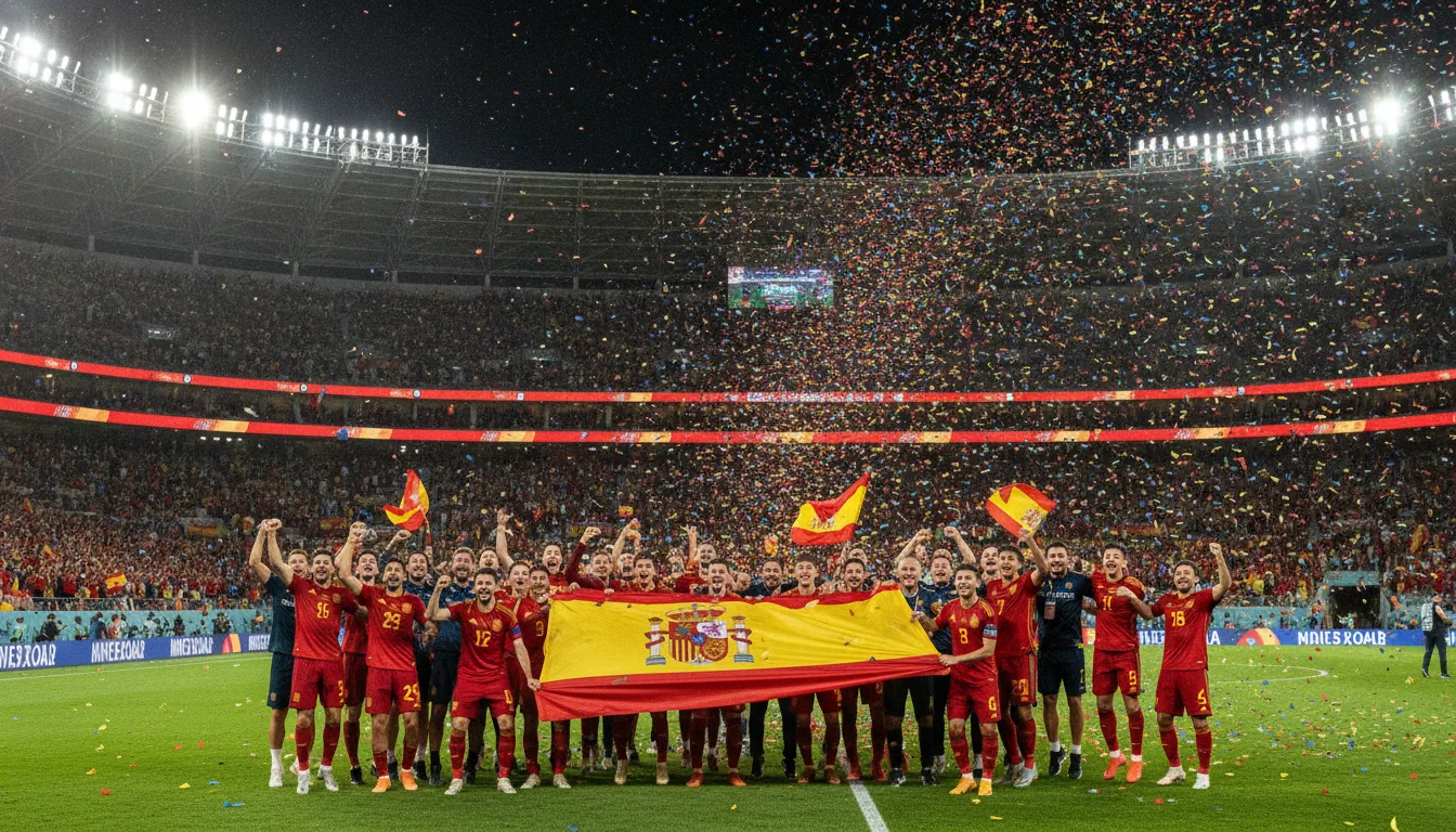 Jogadores da Espanha comemoram vitória na Copa 2026 com bandeira e confetes | Imagine Company - Agência de Marketing e Vendas em Goiânia - GO - BRASIL