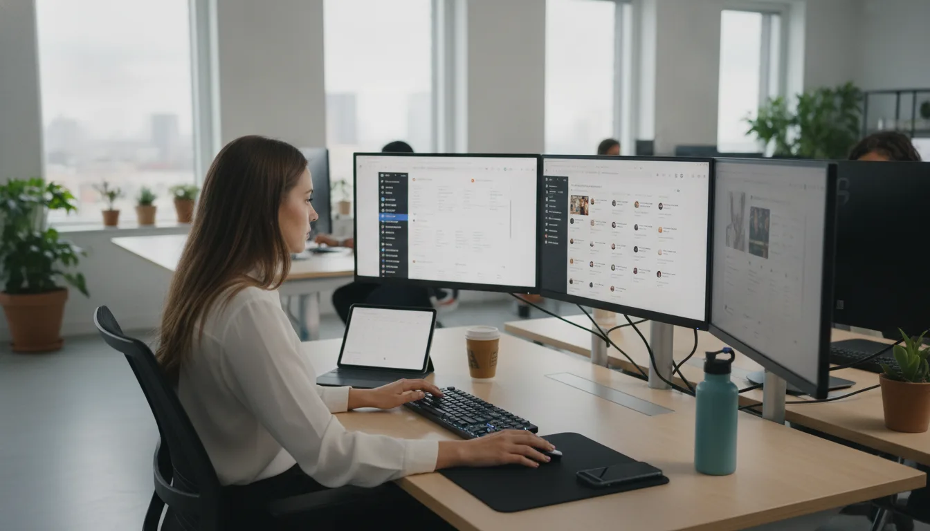 Mulher trabalhando em estratégia de redes sociais em escritório com computadores | Imagine Company - Agência de Marketing e Vendas em Goiânia - GO - BRASIL