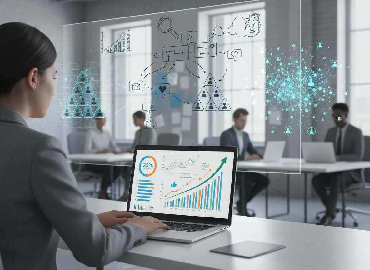 Mulher analisando gráficos de engajamento social em laptop em escritório moderno | Imagine Company - Agência de Marketing e Vendas em Goiânia - GO - BRASIL