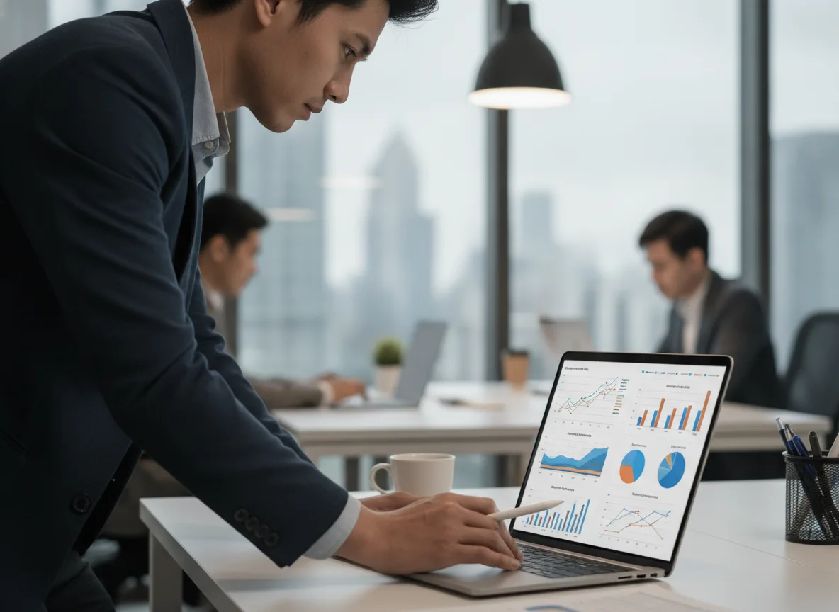 Homem observando gráficos de remarketing em laptop em escritório | Imagine Company - Agência de Marketing e Vendas em Goiânia - GO - BRASIL