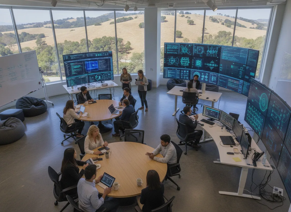 Sala de controle com profissionais analisando dados em telas grandes, simbolizando desafios dos EUA com IA chinesa | Imagine Company - Agência de Marketing e Vendas em Goiânia - GO - BRASIL
