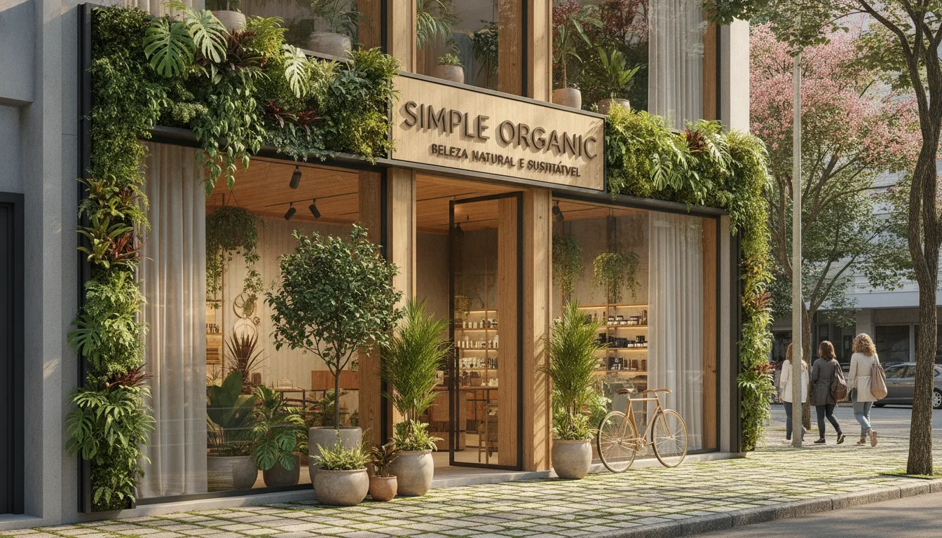 Fachada da loja Simple Organic com plantas e bicicleta na calçada | Imagine Company - Agência de Marketing e Vendas em Goiânia - GO - BRASIL