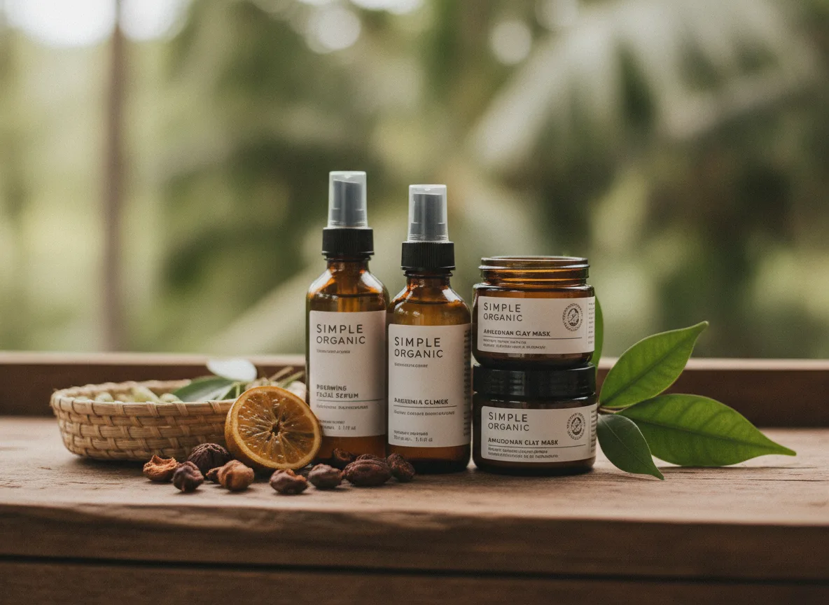 Frascos de cosméticos Simple Organic em mesa de madeira com fundo de plantas. | Imagine Company - Agência de Marketing e Vendas em Goiânia - GO - BRASIL
