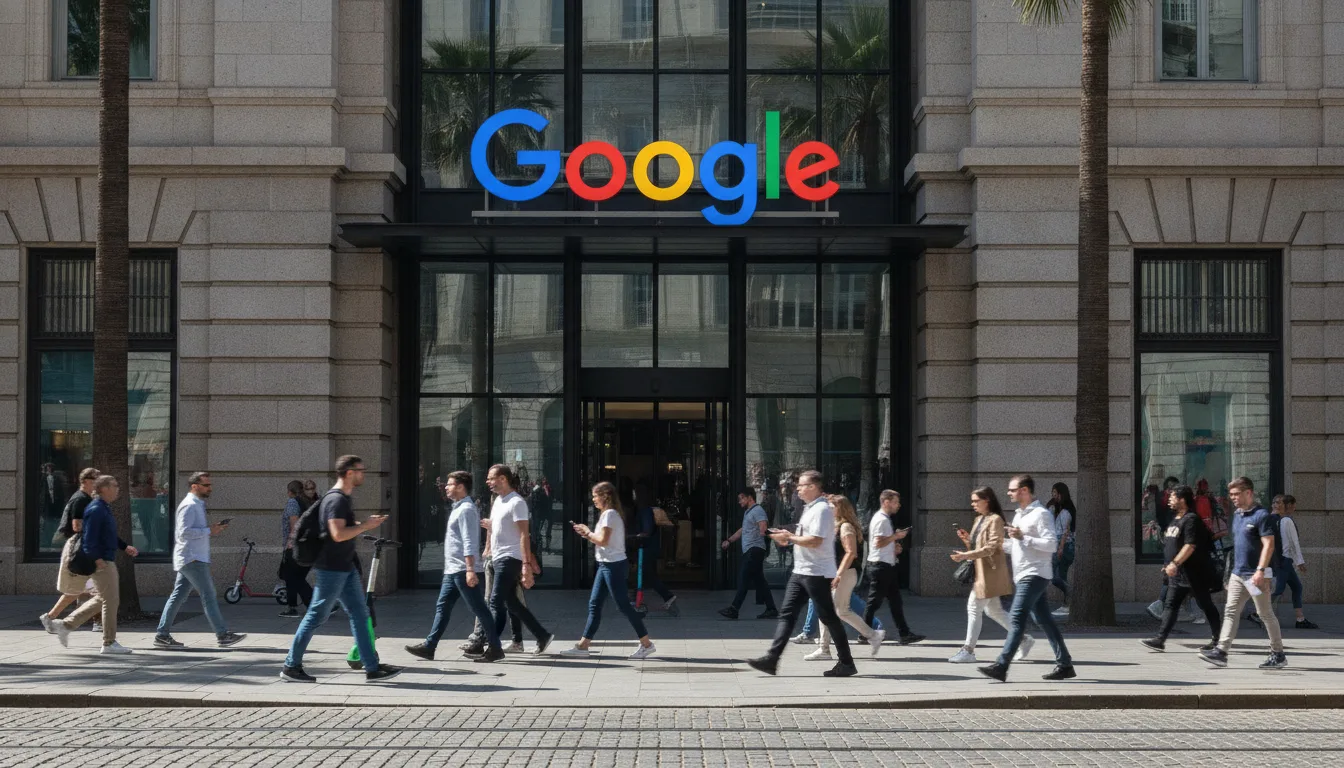 Entrada do escritório do Google com pessoas caminhando em frente | Imagine Company - Agência de Marketing e Vendas em Goiânia - GO - BRASIL